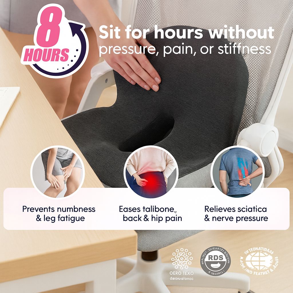 SKAVIX Ergonomic Memory Foam Seat Cushion for Back and Leg Pain Relief