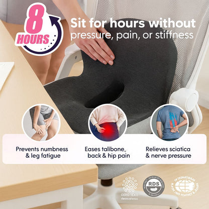SKAVIX Ergonomic Memory Foam Seat Cushion for Back and Leg Pain Relief